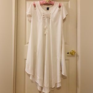 WHITE Cold-Short Sleeve Sun Dress Beach Coverup with Asymmetric Hemline